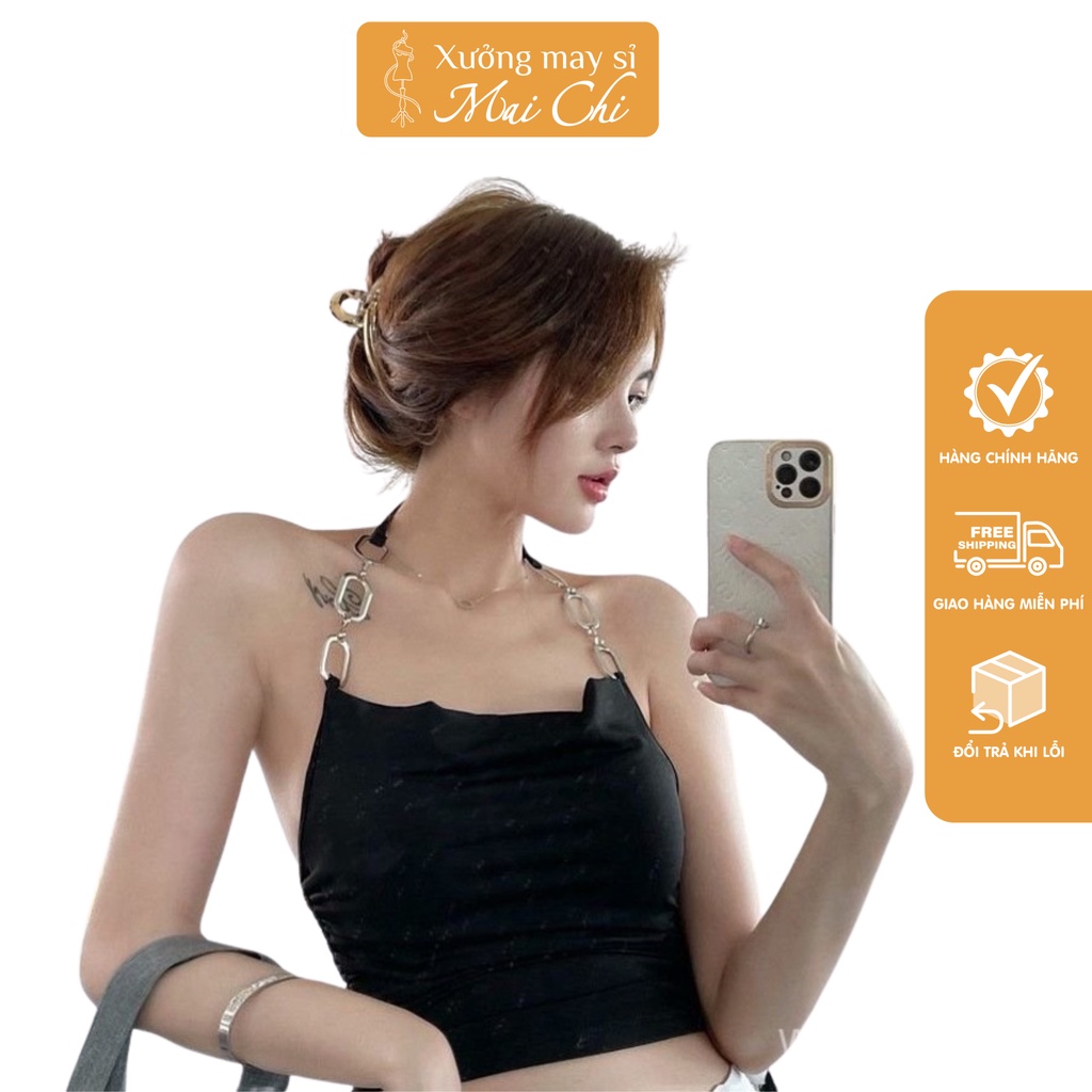 Áo yếm dây xích sexy rút dây sườn cao cấp, Áo croptop hở lưng màu đen chất cotton mềm mịn