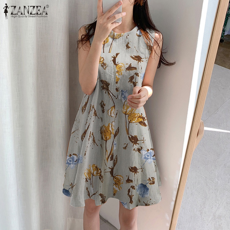 Đầm Zanzea ngắn không tay cổ tròn in họa tiết hoa phong cách Vintage Hàn Quốc dành cho nữ