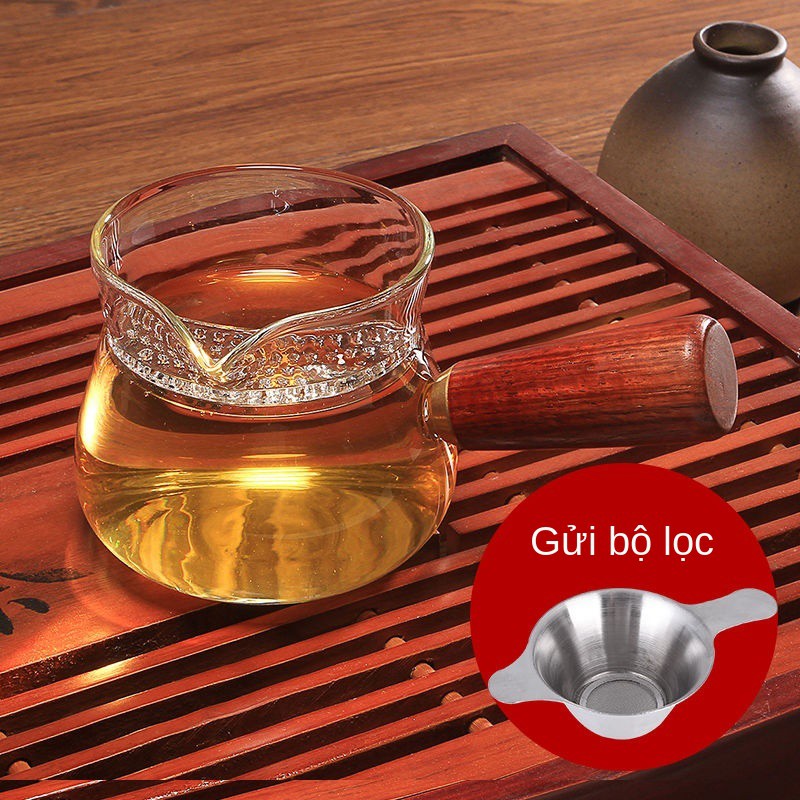 Bộ ấm chén thủy tinh dày chịu nhiệt dùng để pha trà, công cộng, rót tay cầm bằng gỗ, nam