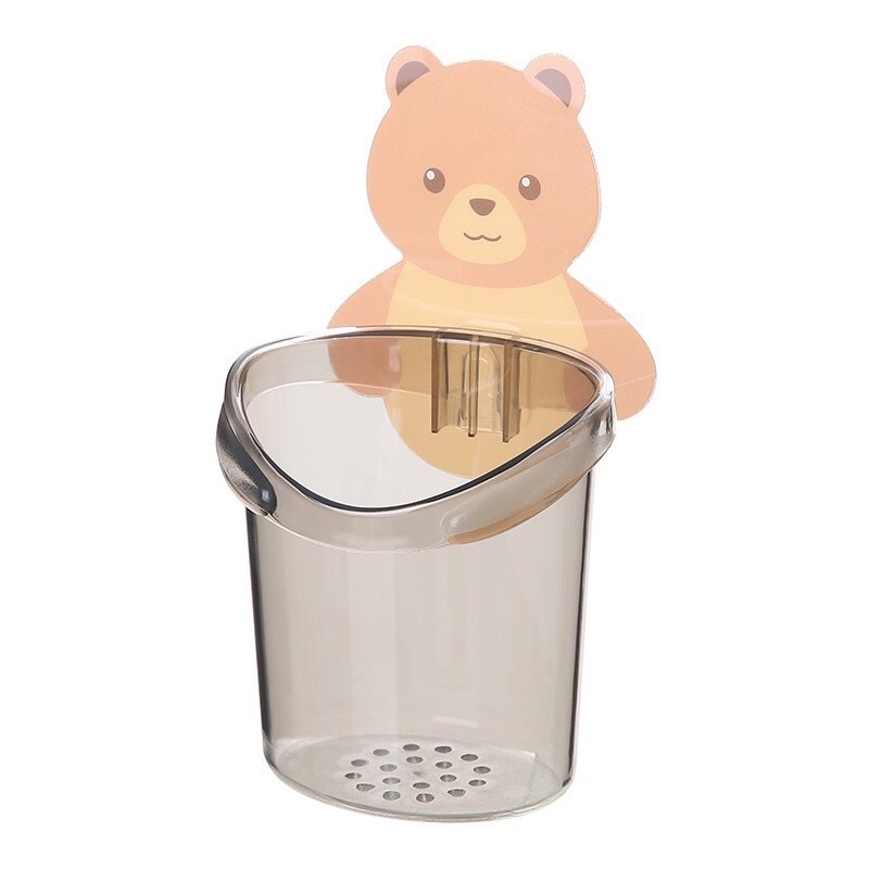 Cốc gấu dán tường để bàn chải, kem đánh răng có lổ thoát nước tiện lợi