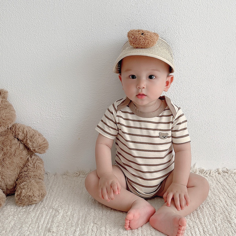 Bộ Áo Liền Quần Bằng Cotton Tay Ngắn Họa Tiết Kẻ Sọc Thời Trang Mùa Hè Hàn Quốc Cho Bé Sơ Sinh 0-18 Tháng Tuổi