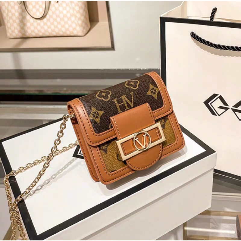 Túi Xách Nữ Đeo Bụng Đeo Vai Đeo Chéo Hoạ Tiết Màu Nâu Hoa