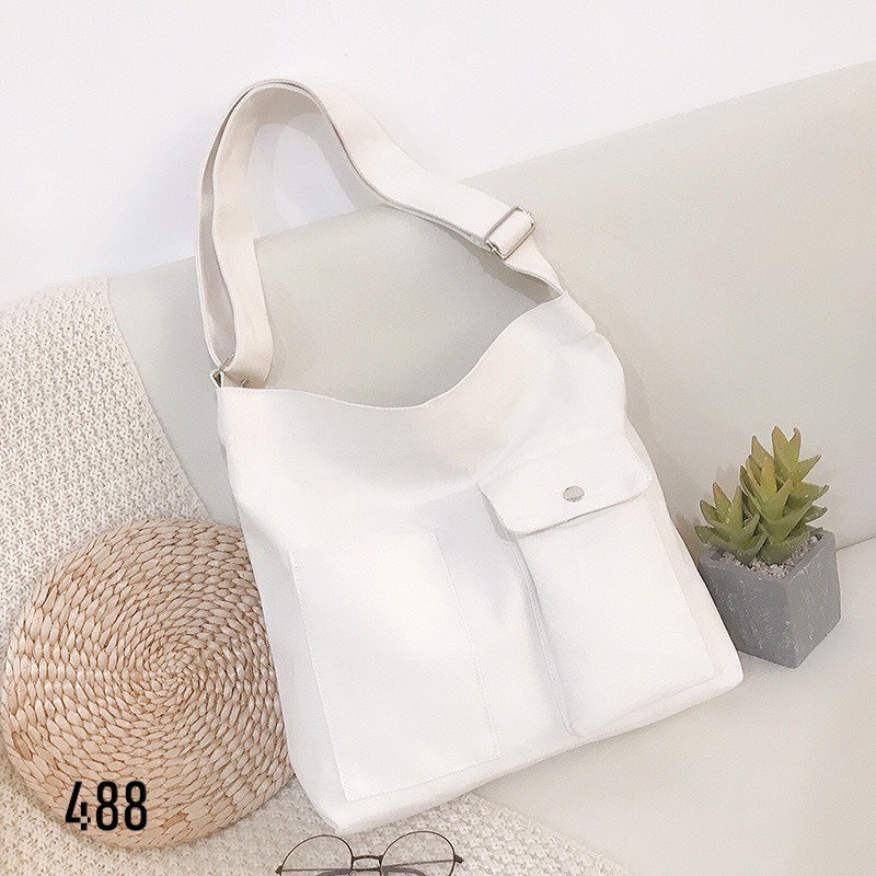 Túi vải Canvas Unisex đeo chéo có túi nhỏ tiện ích rộng rãi Phong cách Ulzzang