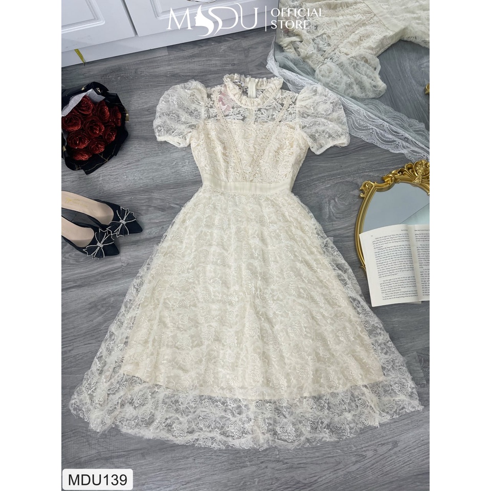 Đầm ren nữ dáng xòe tay bồng tiểu thư trắng MDU139 - THỜI TRANG THIẾT KẾ MDU