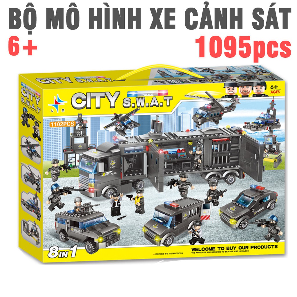 Bộ lắp ghép lego cảnh sát mô hình ô tô máy bay trực thăng 1095 chi tiết bằng nhựa cao cấp đồ chơi trẻ em