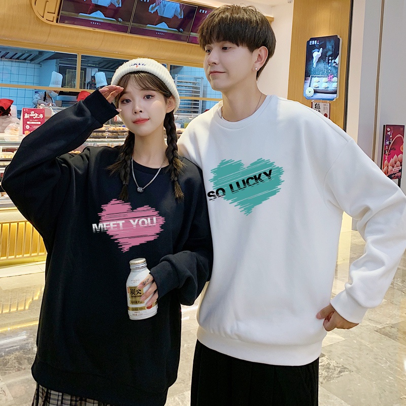 Áo đôi trái tim Miss You - So Lucky form rộng Unisex, áo đôi Sweater nỉ bông dày ấm áp