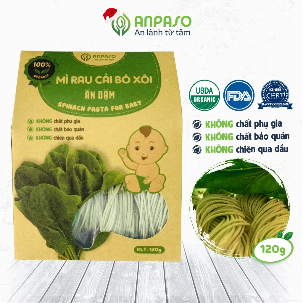 Mì Ăn Dặm Cho Bé Cải Bó Xôi Hữu Cơ Organic Anpaso, Blw, Kiểu Nhật Từ 7 Tháng Bổ Sung Chất Xơ, Cải Thiện Táo Bón 120g