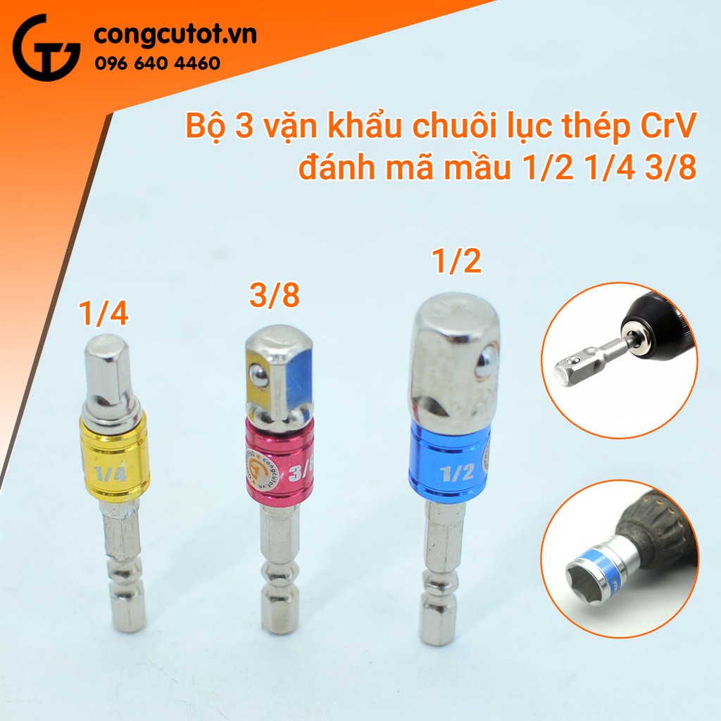 Bộ 3 vặn khẩu chuôi lục thép CRV 1/2 1/4 3/8