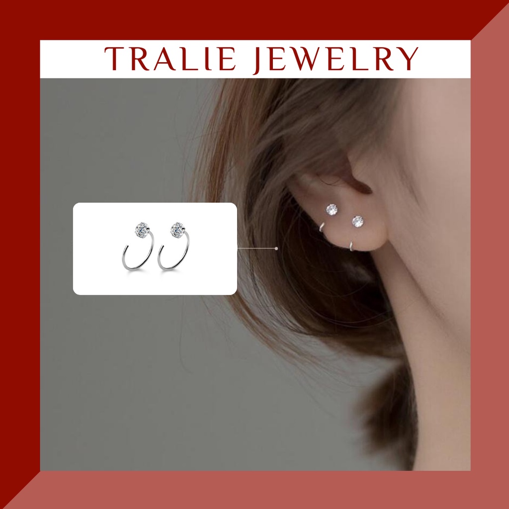 Bông tai bạc kẹp vành 925 Tralie Jewelry, khuyên tai bạc móc chữ C đính đá 6mm 8mm 10mm 12mm