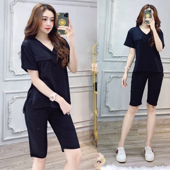 Bộ Đồ Nữ Thun Cotton Cao Cấp Quần Lửng Áo Cổ Tim Ngắn Tay Xẻ Tà Cá Tính Mẫu Mới 2020- Hàng Có Sẵn