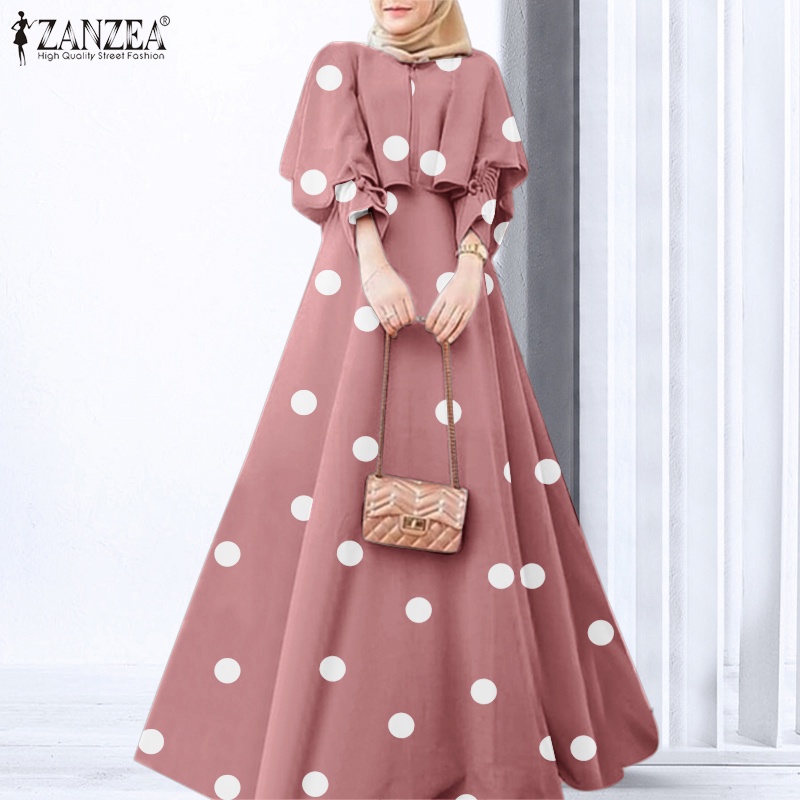 Đầm maxi ZANZEA tay dài họa tiết chấm bi thời trang cho nữ