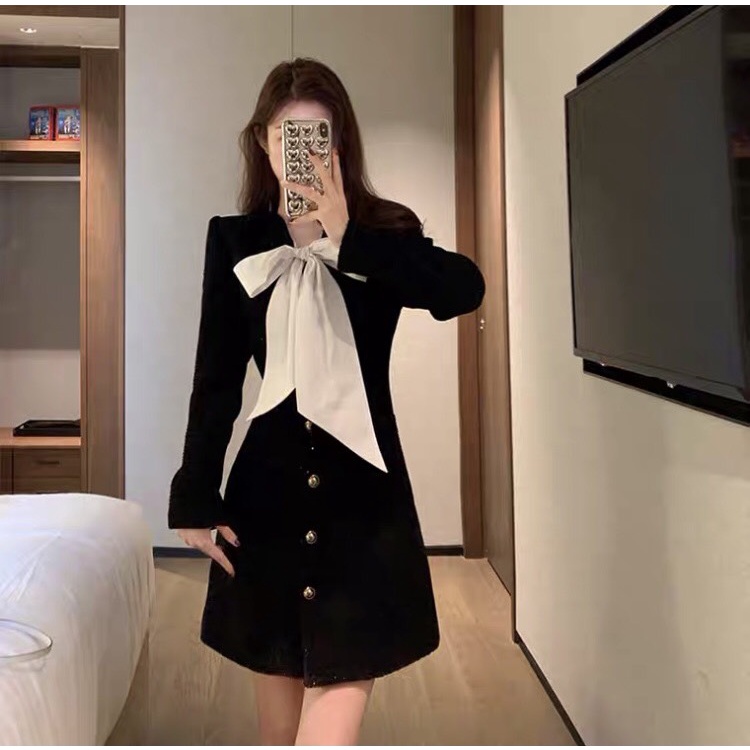 [SIEU CHECKCHI] VÁY DÁNG XÒE, TAY ÁO DÀI, CỔ ÁO THẮT NƠ, CÓ KHÓA ÁO CỰC PHONG CÁCH ĐỂ ĐI TIỆC (TL5)