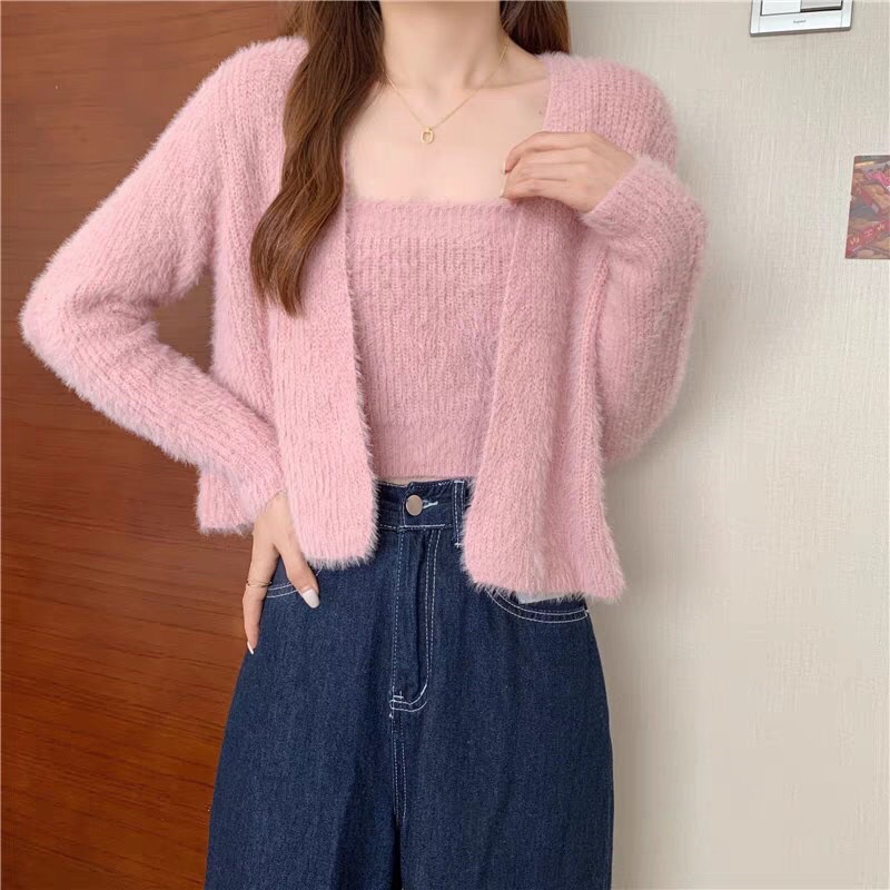 Set Áo 2 Dây Kèm Khoác Ngoài - Set Áo Len Lông Thỏ