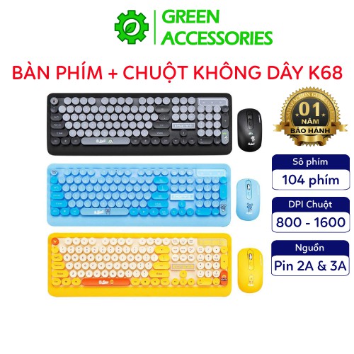 Combo Bàn Phím &amp; Chuột Không Dây PSPY K68 kiểu dáng năng động, dễ thương,bàn phím êm ái, không âm thanh