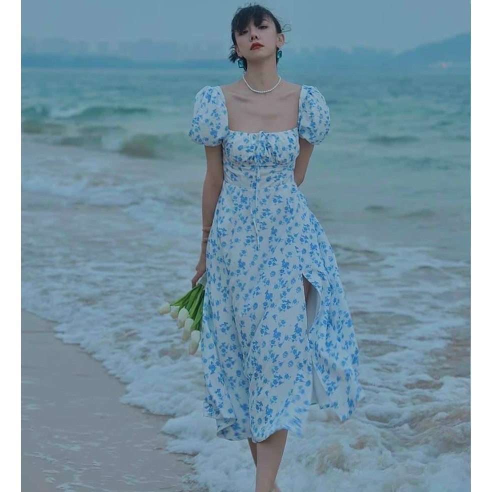 [FREESHIP] ĐẦM MAXI HOA NHÍ VINTAGE- Váy Thiết Kế Xẻ Đùi cổ Vuông , Tay Bồng Cực Yêu Đú Trend - Không có vest kem theo.