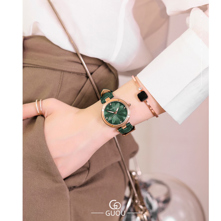 Đồng hồ nữ đeo tay dây da Guou viền mạ vàng chính hãng chống nước tuyệt đối 6006 | BigBuy360 - bigbuy360.vn