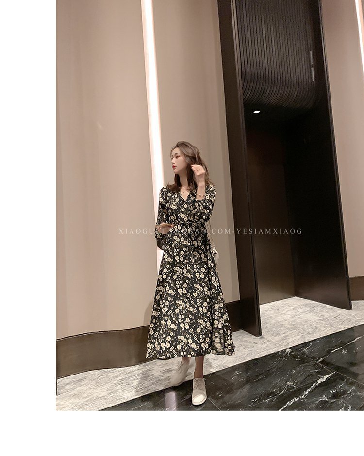 Đầm tay dài in họa tiết hoa xinh xắn thời trang cho nữ