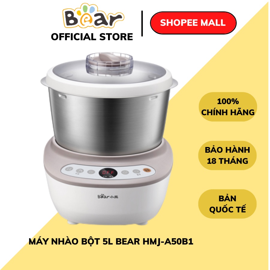 Máy nhồi bột đa năng 5L Bear B50V1, 200W,  2 chế độ trộn và ủ trộn đều đa góc hẹn giờ tự động, Hàng Chính Hãng, BH 18 th