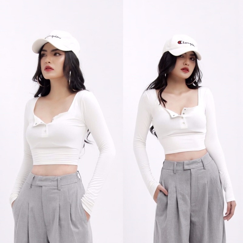 áo croptop thun gân nút bấm tay dài quảng châu