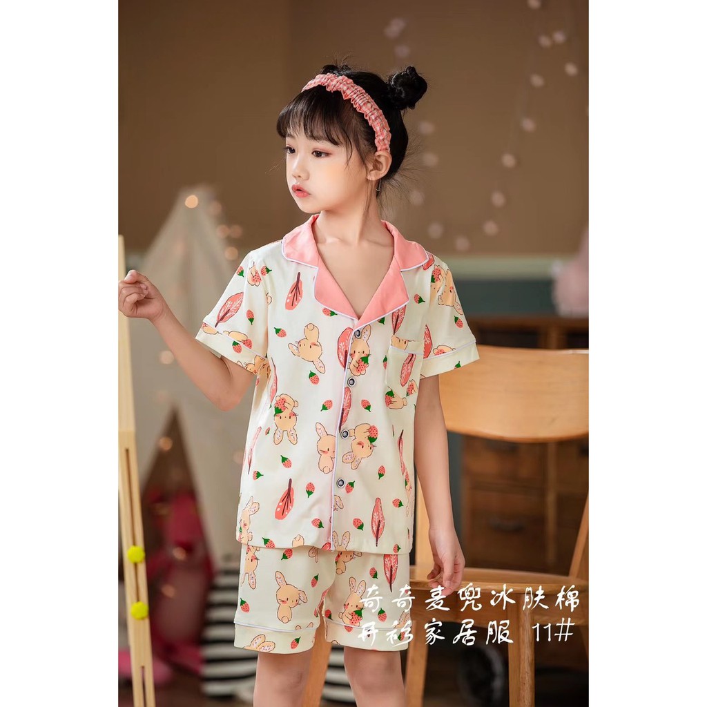 Đồ Pijama bé gái 7-14 tuổi cộc tay in hình xuất Hàn, Bộ Pizama cho bé vải cotton co giãn thấm hút mồ hôi tốt