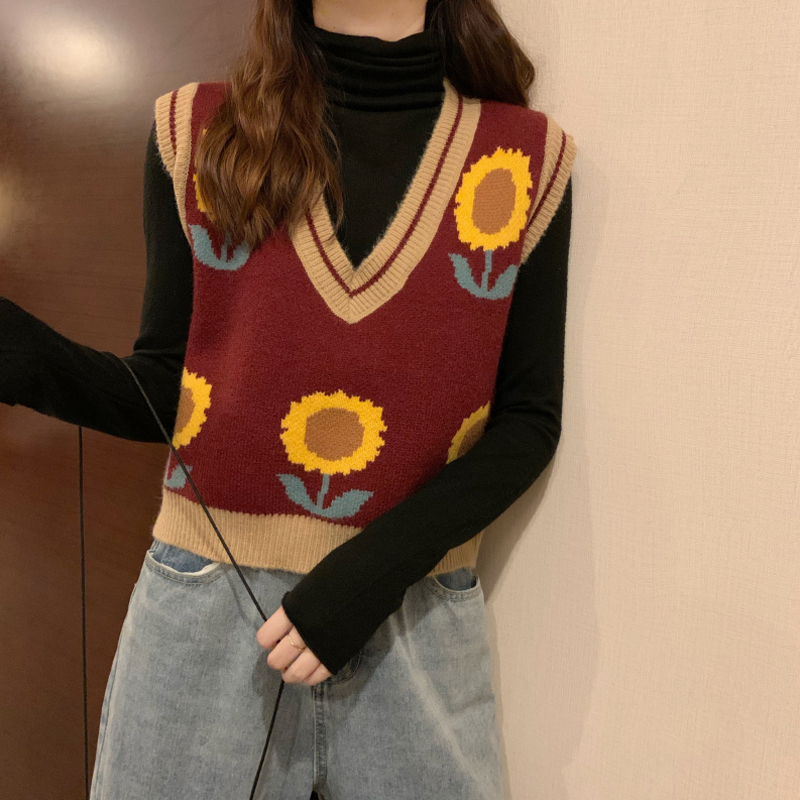 Áo Khoác Len Nữ Cộc Tay Cổ Chữ V Thêu Hoa Hướng Dương | BigBuy360 - bigbuy360.vn