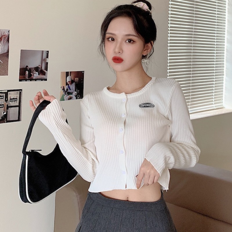 Áo Croptop Dệt Kim Tay Dài Cổ Tròn Thiết Kế Đơn Giản Hợp Thời Trang