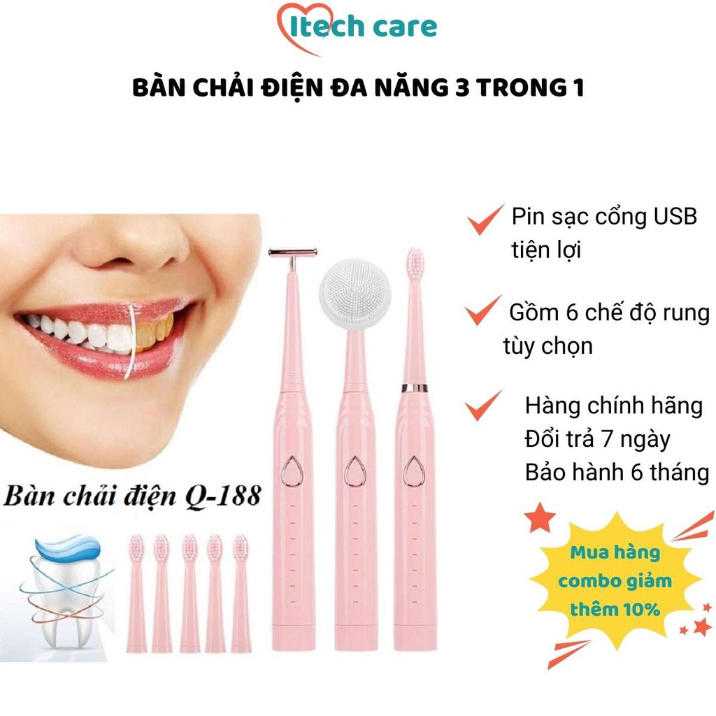 Bàn chải điện Sonic đa năng 3in1 pin sạc usb gồm đầu rửa mặt, đầu lăn massage mặt và 5 đầu bàn chải đánh răng