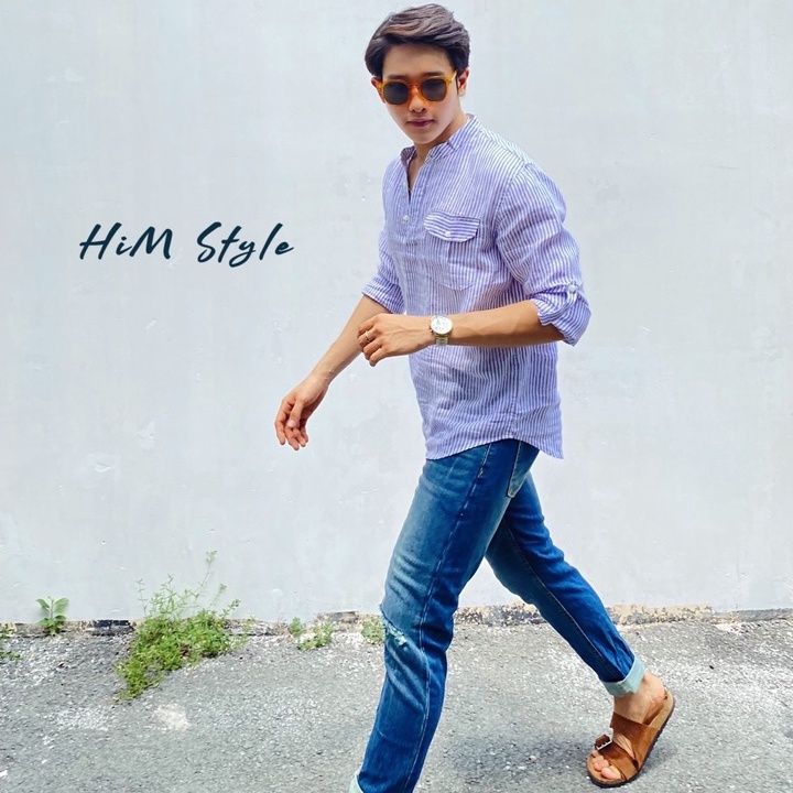 [HIMSTYLE ]Áo Sơ Mi Nam Cổ Trụ Tay Dài Linen Tưng Sọc