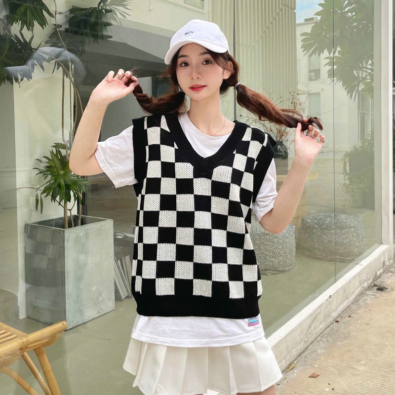 Áo gile len nam nữ Hàn Quốc Unisex kẻ caro to cổ chữ v thời trang cá tính thu đông GileShop M71HD | BigBuy360 - bigbuy360.vn