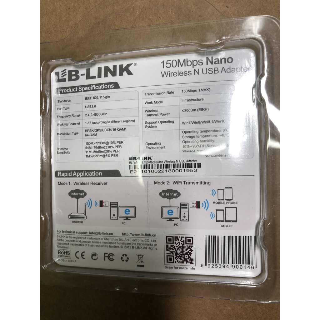 USB Wifi Nano LB-Link Model BL-WN151 sử dụng cho máy cây PC, laptop, nhỏ gọn với tốc độ tối đa 150Mbps băng tần 2.4GHz