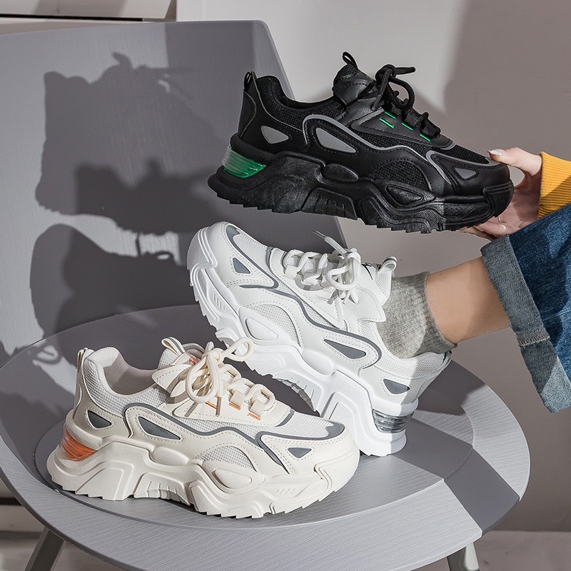 Giày thể thao nữ sneaker chất da phối vải thoáng khí độn đế 5 cm Mdo màu kem trắng