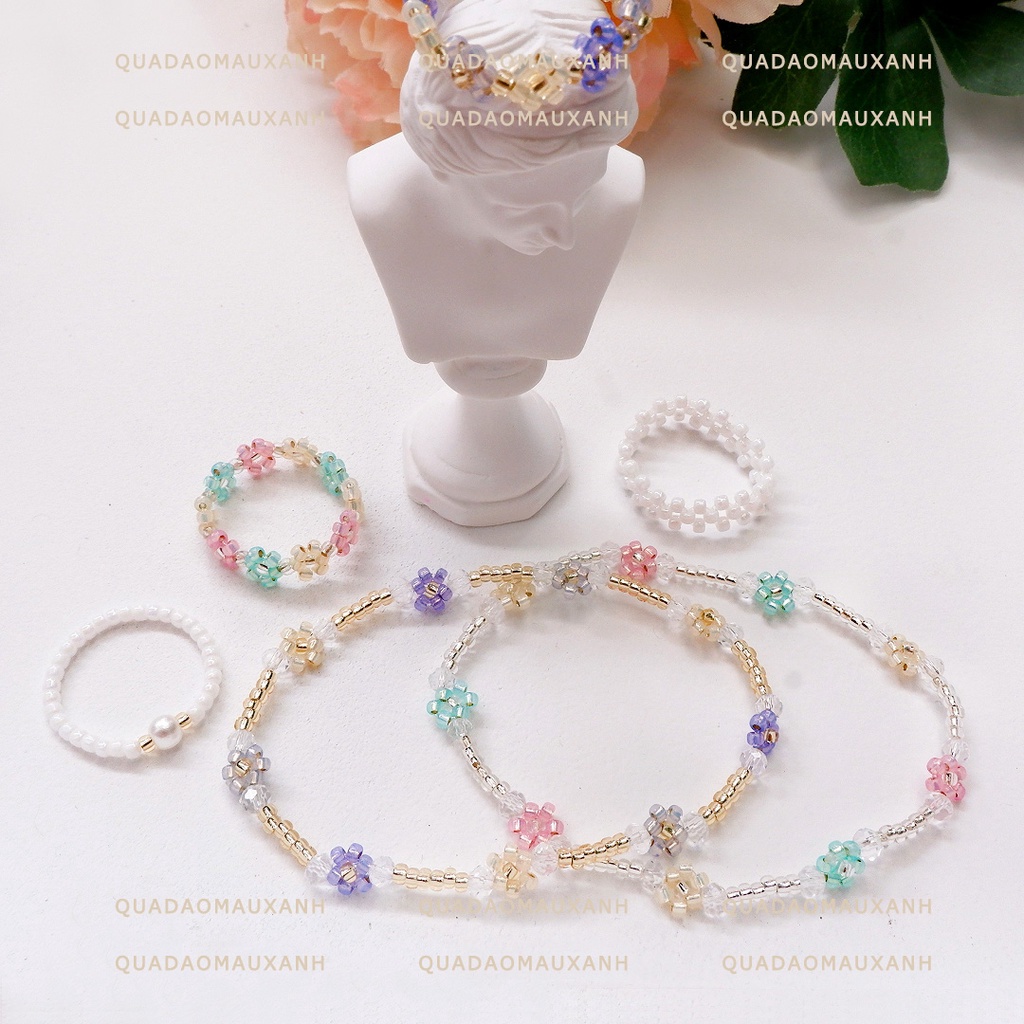 Nhẫn hoa nhí kiểu Hàn, bộ trang sức vòng hạt cườm ánh xà cừ phối vòng hạt trai basic Lavender &amp; Peony #Quadaomauxanh