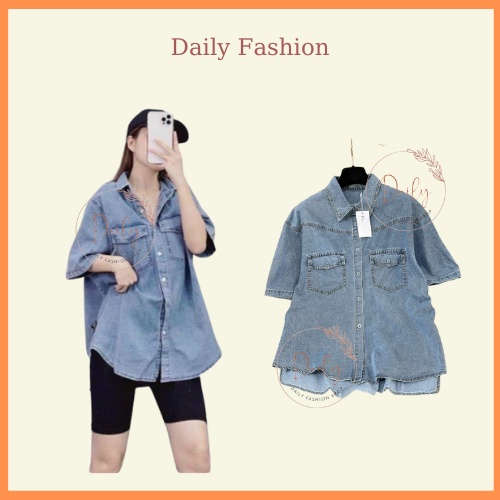 Áo Sơ Mi Denim Bò Trơn Cộc Tay Nữ Freesize Dáng Rộng Vải Denim Mềm Mịn Hai Túi Daily