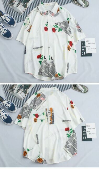 [Kèm ảnh thật] Áo Sơ Mi Lụa Nam Tay Lỡ Họa Tiết Tờ Báo, Bông Hồng In Nổi 3D [Lụa Thái] Hàng Cao Cấp | BigBuy360 - bigbuy360.vn