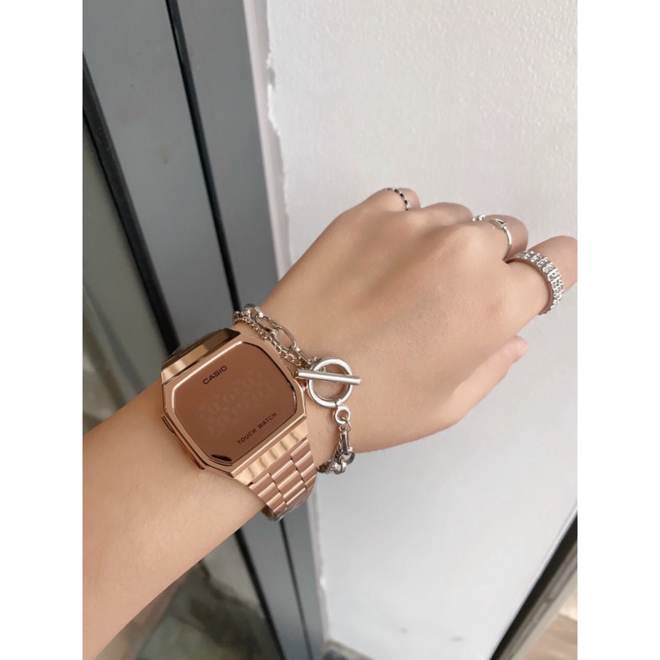 Đồng hồ nam, nữ CASIO Tráng gương LED cảm ứng cao cấp, dây thép