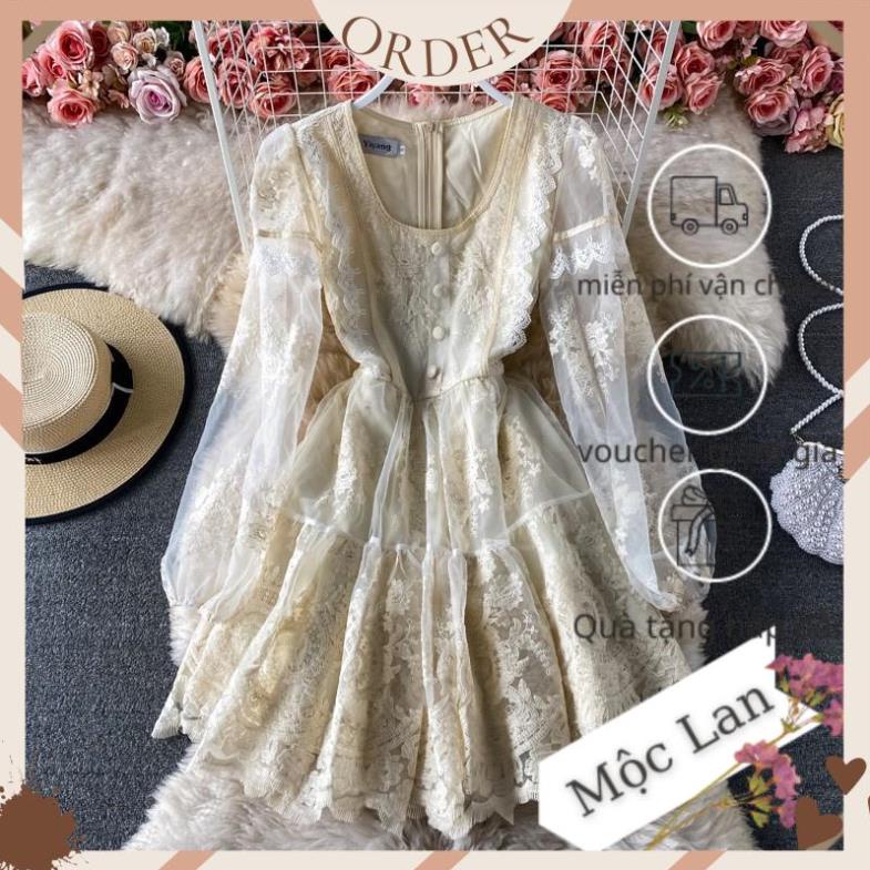 (MộcLan ORDER) Đầm cổ vuông tay dài màu be mix trắng chất voan mix ren hoa có size - hàng chuẩn | BigBuy360 - bigbuy360.vn