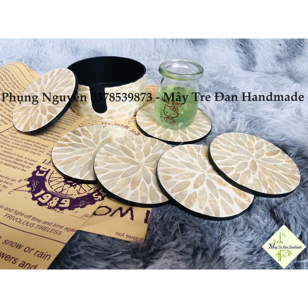 Bộ Lót Ly Gồm 6 Đĩa D10 Và 1 Khay Đựng - Lót Ly Khảm Trai Nhiều Họa Tiết