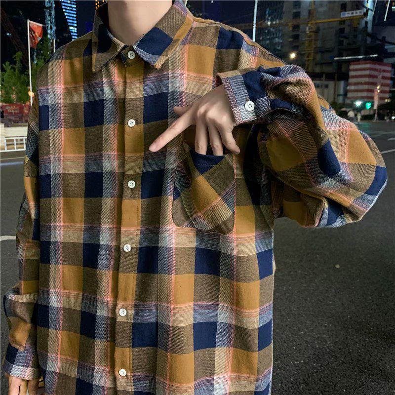 Men Long Sleeve Shirts Turn-down Collar Unisex Large Size Plaid Tops Korean Style Vintage Loose Shirt Students All-match Chic New Cotton Clothes Men's Fashion Jacket