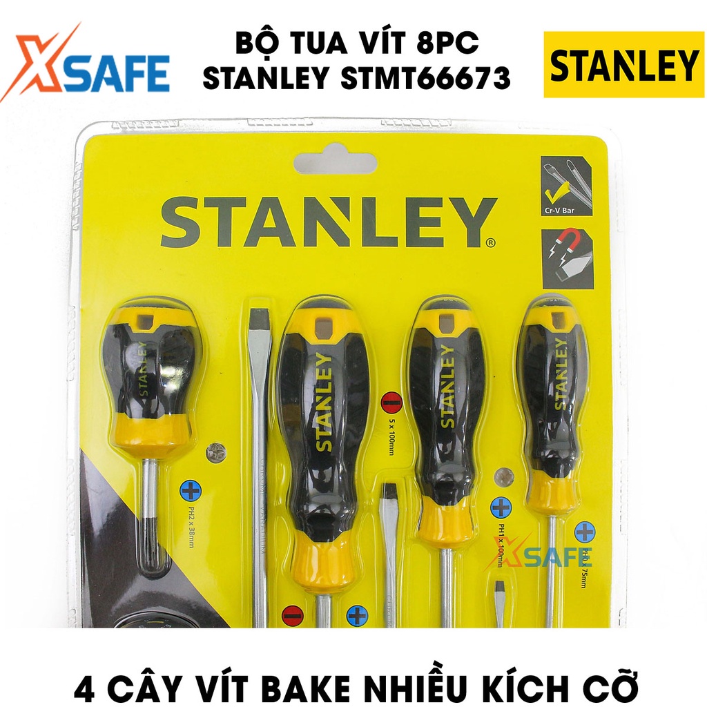 Bộ tua vít STANLEY STMT66673 8 chi tiết Bộ tuốc nơ vít Stanley 4 tua vít dẹp, 4 tua vít bake đa kích cỡ, thép CR-V