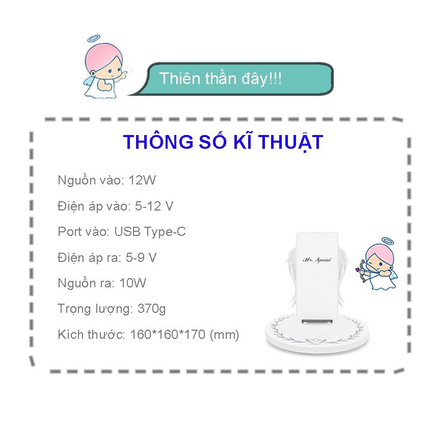 Đế sạc không dây 10W Đôi cánh thiên thần có đèn led