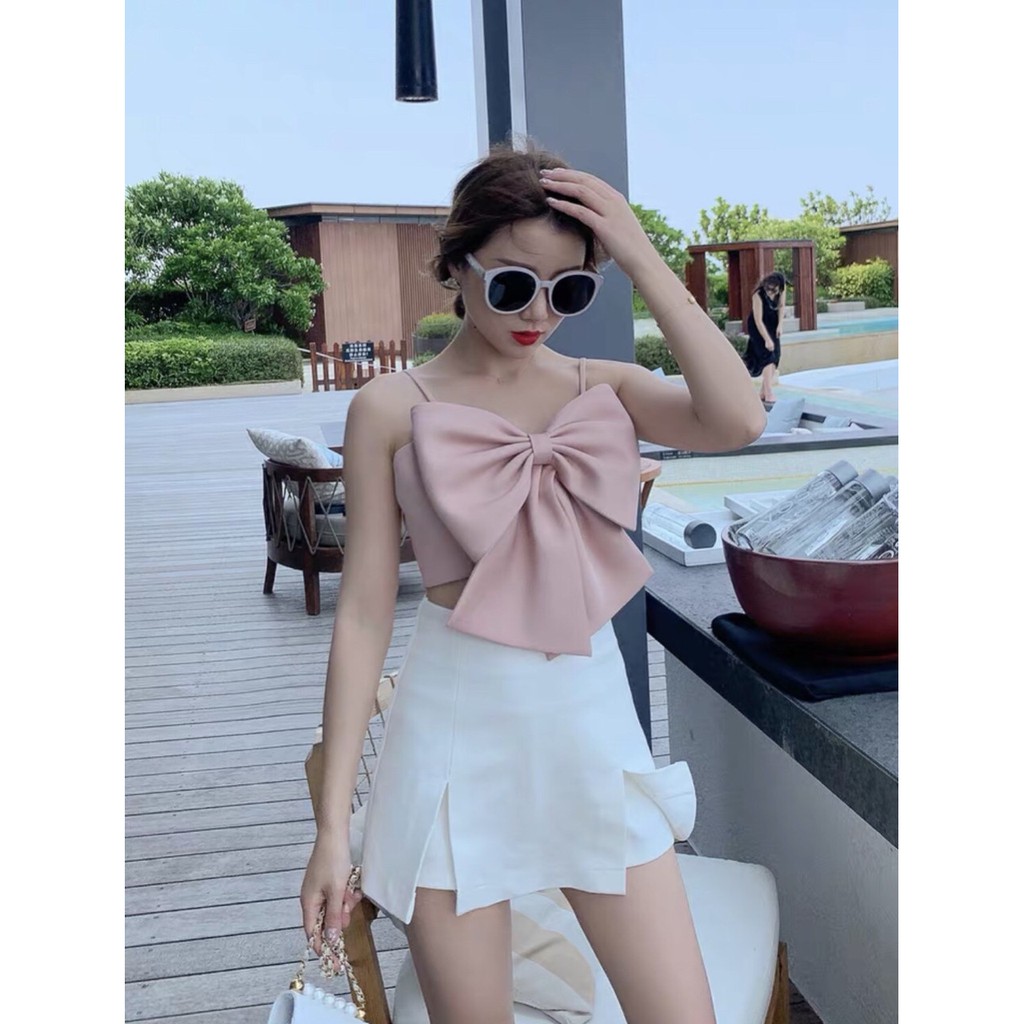 [ Dưới 48kg]Áo 2 dây đính nơ to cài nút sau lưng cực lạ cực sang chảnh cho phái nữ