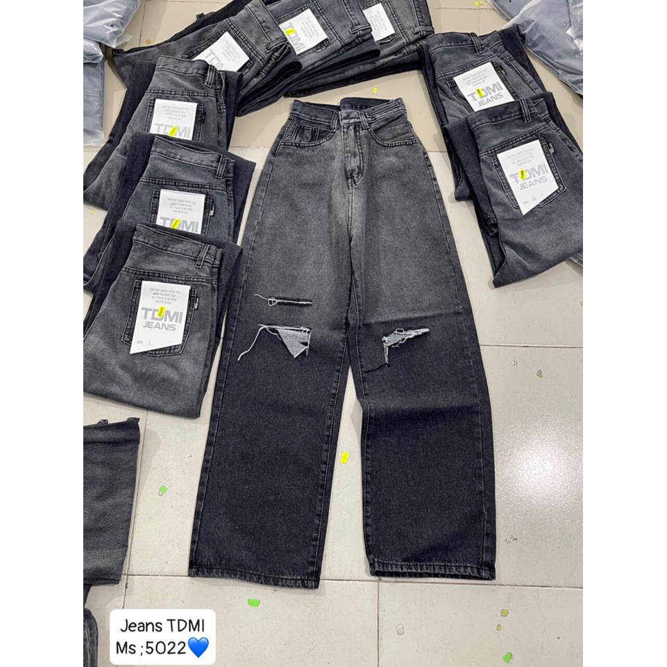[ FOMO ] QUẦN JEANS ỐNG RỘNG NỮ LƯNG CAO LOANG MÀU XÁM RÁCH 2 VẠT 1 SỌC LAI CUỐN VẢI DÀY DẶN MỀM MỊN CAO CẤP NITIQC