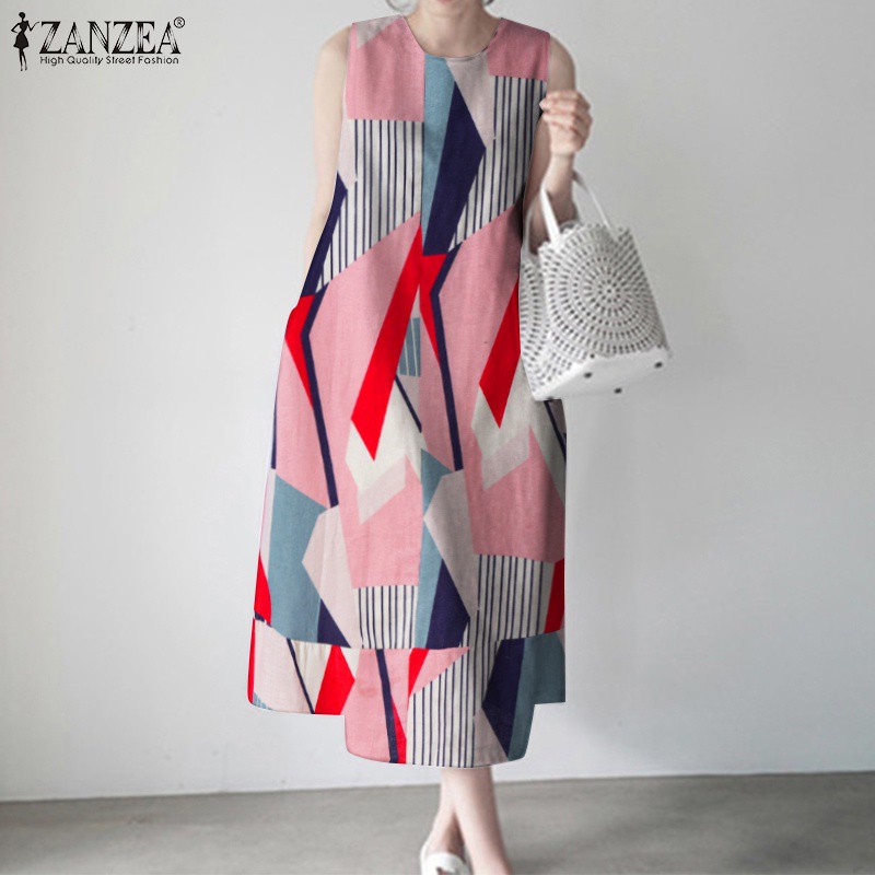 Đầm Midi Zanzea Không Tay In Hoạ Tiết Hình Học Phối Túi Hai Bên Thời Trang Cho Phụ Nữ