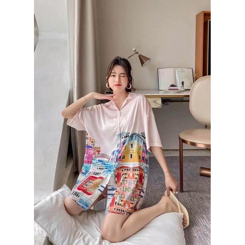 Váy ngủ sơ mi công chúa bánh bèo hình chú voi con lụa satin cao cấp quảng châu
