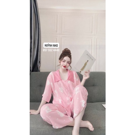 bộ pizama lụa mango quần xéo thỏ hồng