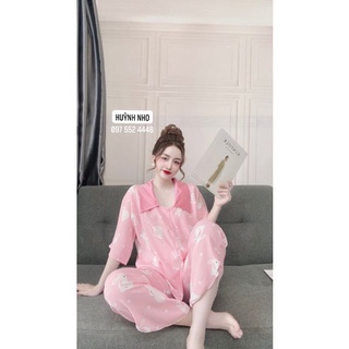 Bộ pizama lụa mango quần xéo thỏ hồng