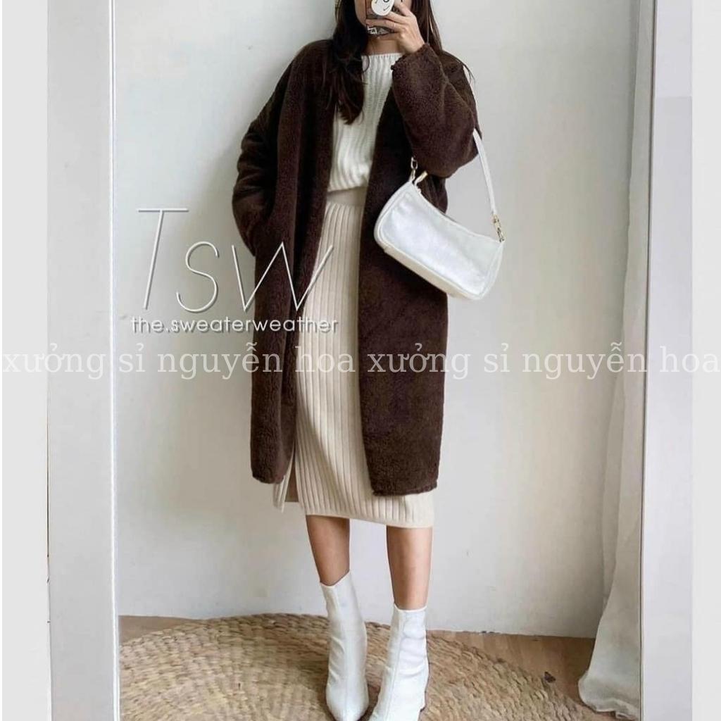 áo khoác lông cừu cardigan dáng dài mặc mùa đông siêu ấm 2  màu trắng nâu đẹp chuẩn ảnh phong cách hàn quốc | BigBuy360 - bigbuy360.vn