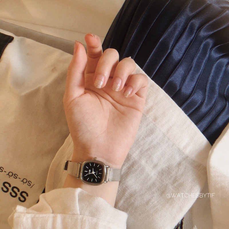 Đồng hồ nữ mặt vuông mặt nhỏ dây kim loại  JIS bạc mặt đen đồng hồ nữ đẹp giá rẻ Watchesbytif size 22mm đi học đi chơi | BigBuy360 - bigbuy360.vn