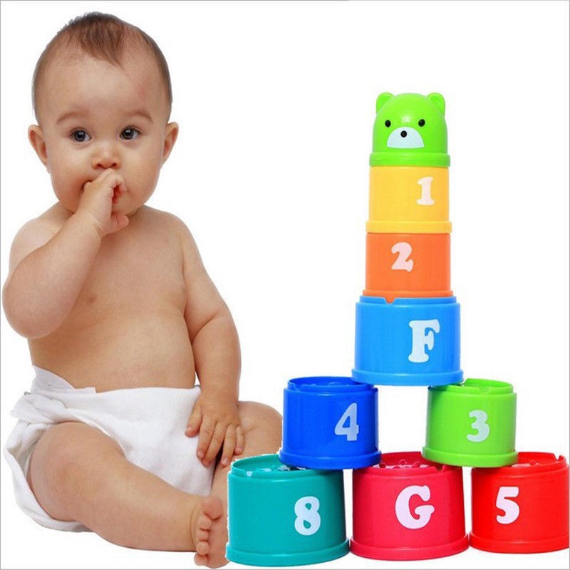 Set 9 đồ chơi lý xây dựng tháp in chữ số nhiều màu cho trẻ từ 6 tháng tuổi
