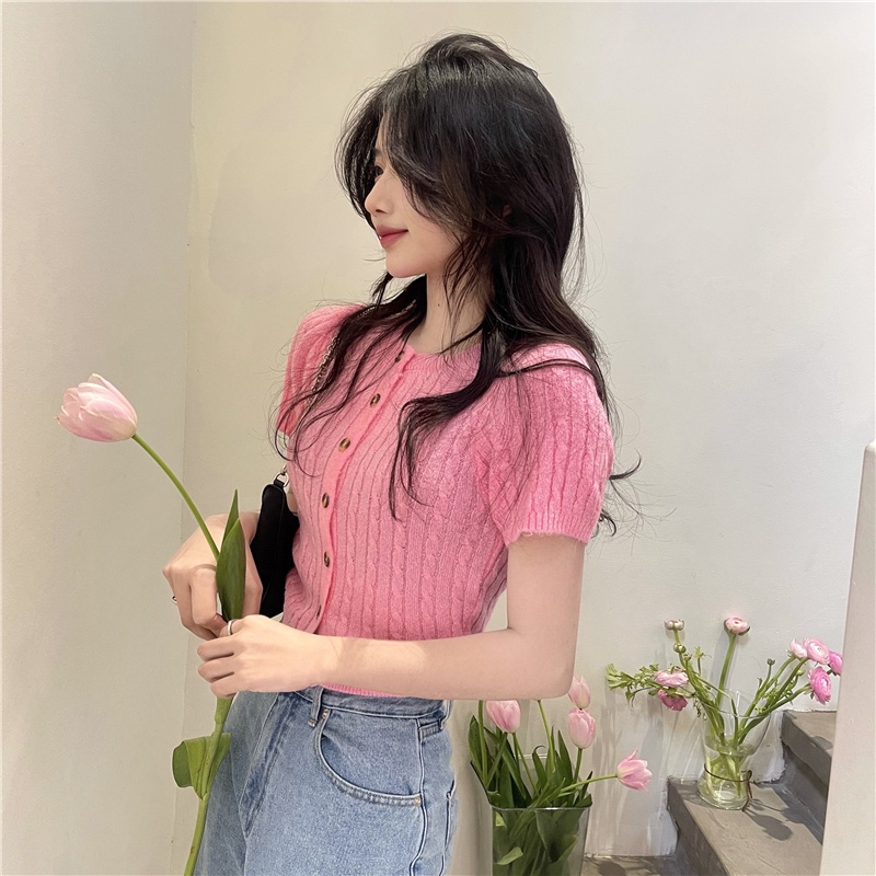 Porozi  Áo crop top  vải dệt kim mỏng tay ngắn dáng ôm phong cách Hàn Quốc dành cho nữ